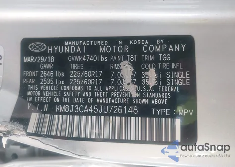 2018 Hyundai Tucson Sel из США, поврежденный, VIN KM8J3CA45JU726148